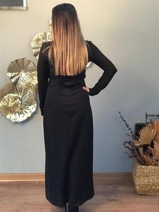 FTZ Deri Detay Elbise - Siyah