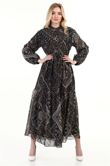 FTZ Women Kadın Desenli Lacivert Elbise SİYAH
