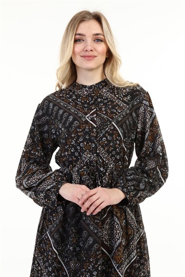 FTZ Women Kadın Desenli Lacivert Elbise SİYAH