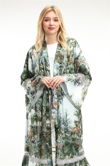 FTZ Women Kadın Kemer Detay Şifon Yeşil Kimono YEŞİL