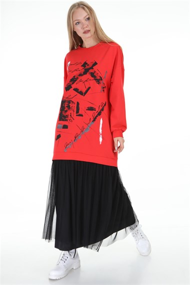 FTZ Women Kadın Önü Desenli Sweat Elbise MERCAN