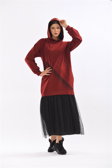 FTZ Women Kadın Önü Taşlı İki İp Elbise BORDO