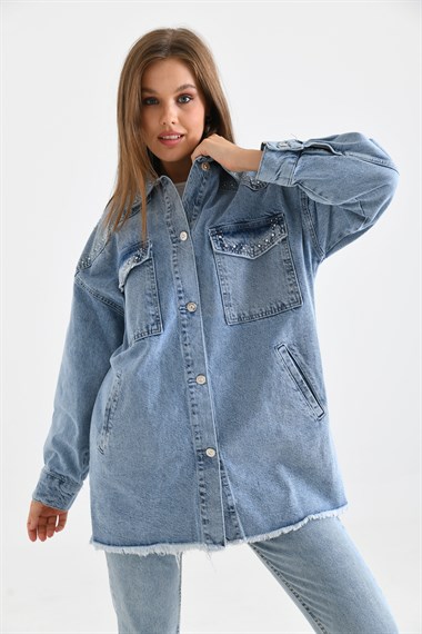 Kadın Taş Detaylı Jean Ceket MAVİ