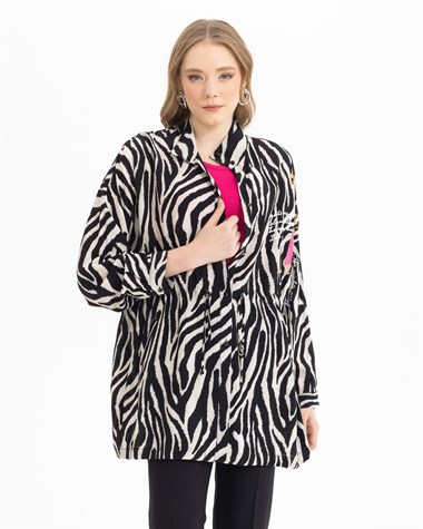 Zebra Desenli Beli Büzgülü Ceket SİYAH