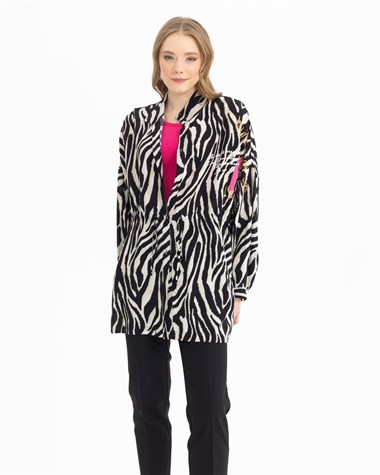 Zebra Desenli Beli Büzgülü Ceket SİYAH