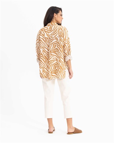 Zebra Desenli Uzun Kollu Gömlek BEIGE