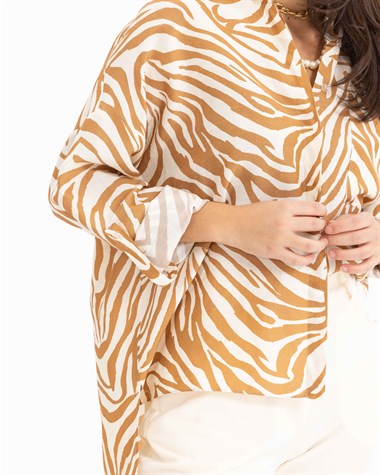 Zebra Desenli Uzun Kollu Gömlek BEIGE